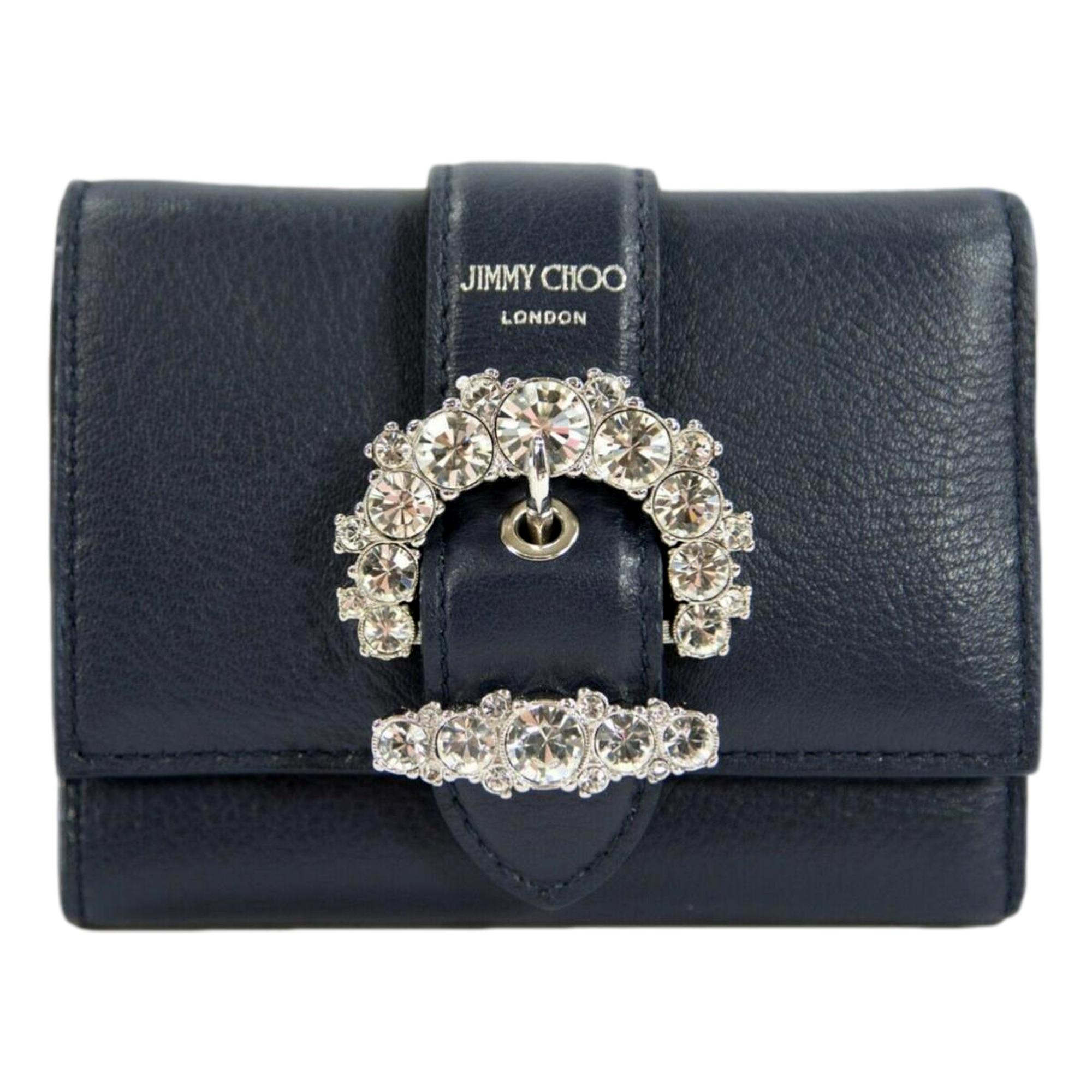 Jimmy Choo Cheri Dark Blue Leather Trifold Walllet available at Queen Bee of Beverly Hills