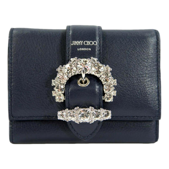 Jimmy Choo Cheri Dark Blue Leather Trifold Walllet available at Queen Bee of Beverly Hills