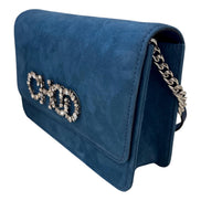 Jimmy Choo Kalina Parrot Blue Suede Chain Wallet available at Queen Bee of Beverly Hills