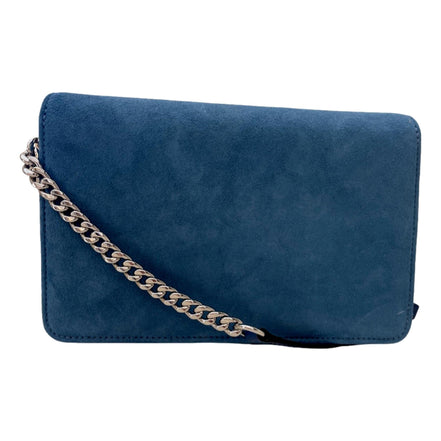 Jimmy Choo Kalina Parrot Blue Suede Chain Wallet available at Queen Bee of Beverly Hills