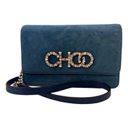 Jimmy Choo Kalina Parrot Blue Suede Chain Wallet available at Queen Bee of Beverly Hills