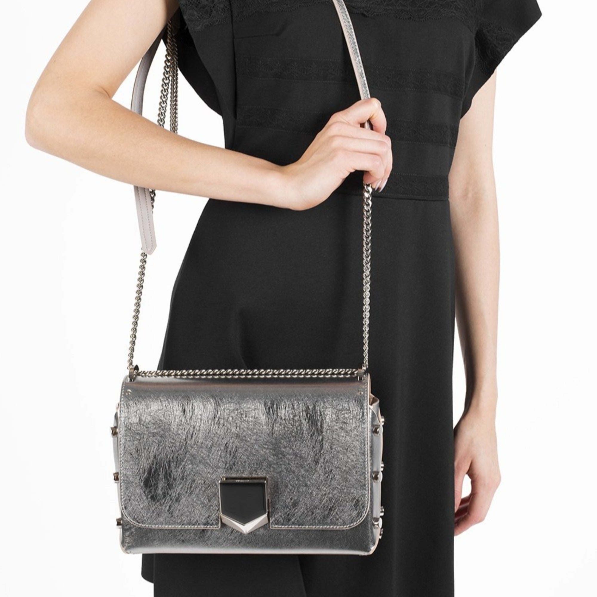Jimmy Choo Metallic Silver Lockett Crossbody Shoulder Bag available at Queen Bee of Beverly Hills