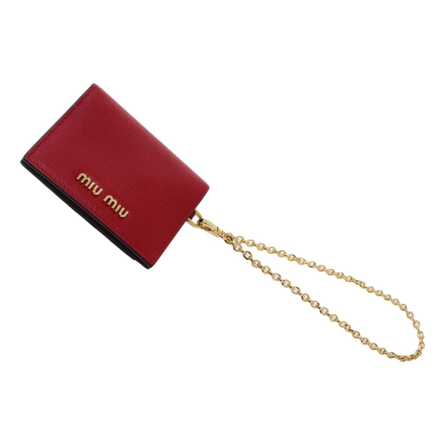 Miu Miu Fuoco Red Leather Credit Card Holder Wallet Madras Chain 5MC320 at_Queen_Bee_of_Beverly_Hills