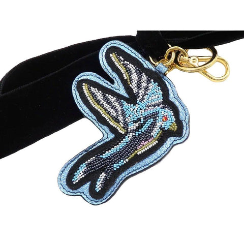 Miu Miu Trick Plex Blason Beaded Blue Bird Black Velvet Bow Keyring 5TL217 at_Queen_Bee_of_Beverly_Hills