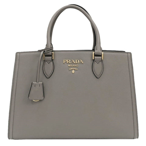 Prada Argilla Gray Saffiano Lux Leather Large Satchel Handbag 1BA228 at_Queen_Bee_of_Beverly_Hills