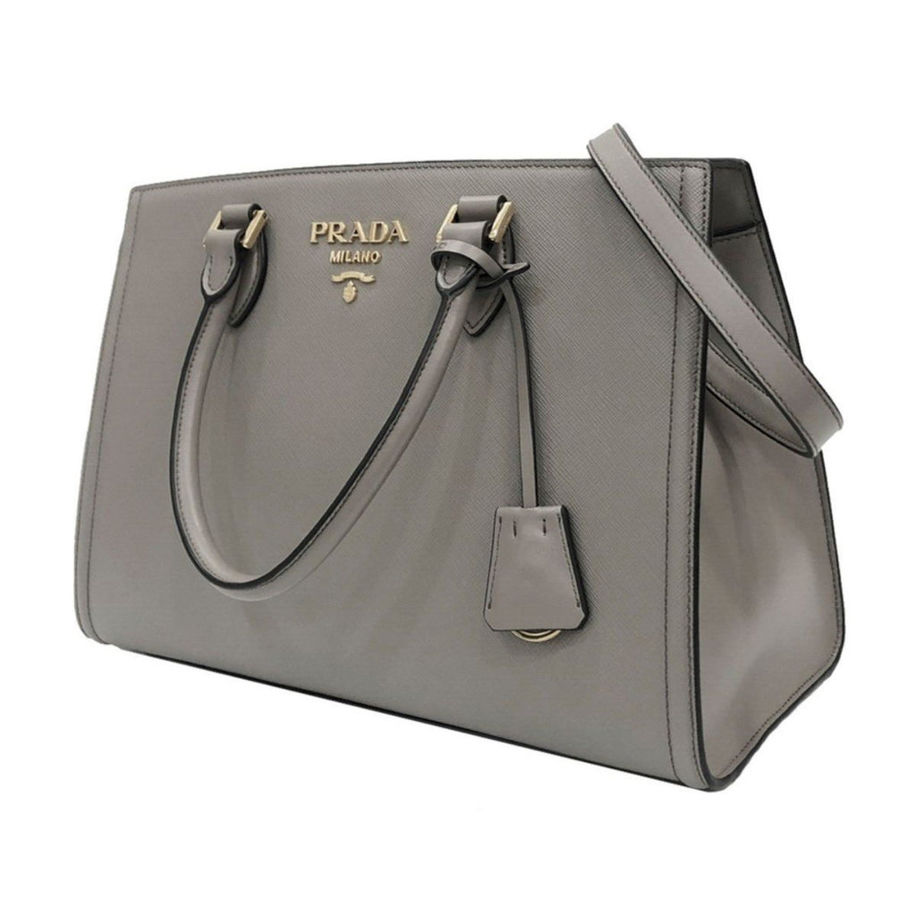 Prada Argilla Gray Saffiano Lux Leather Large Satchel Handbag 1BA228 at_Queen_Bee_of_Beverly_Hills