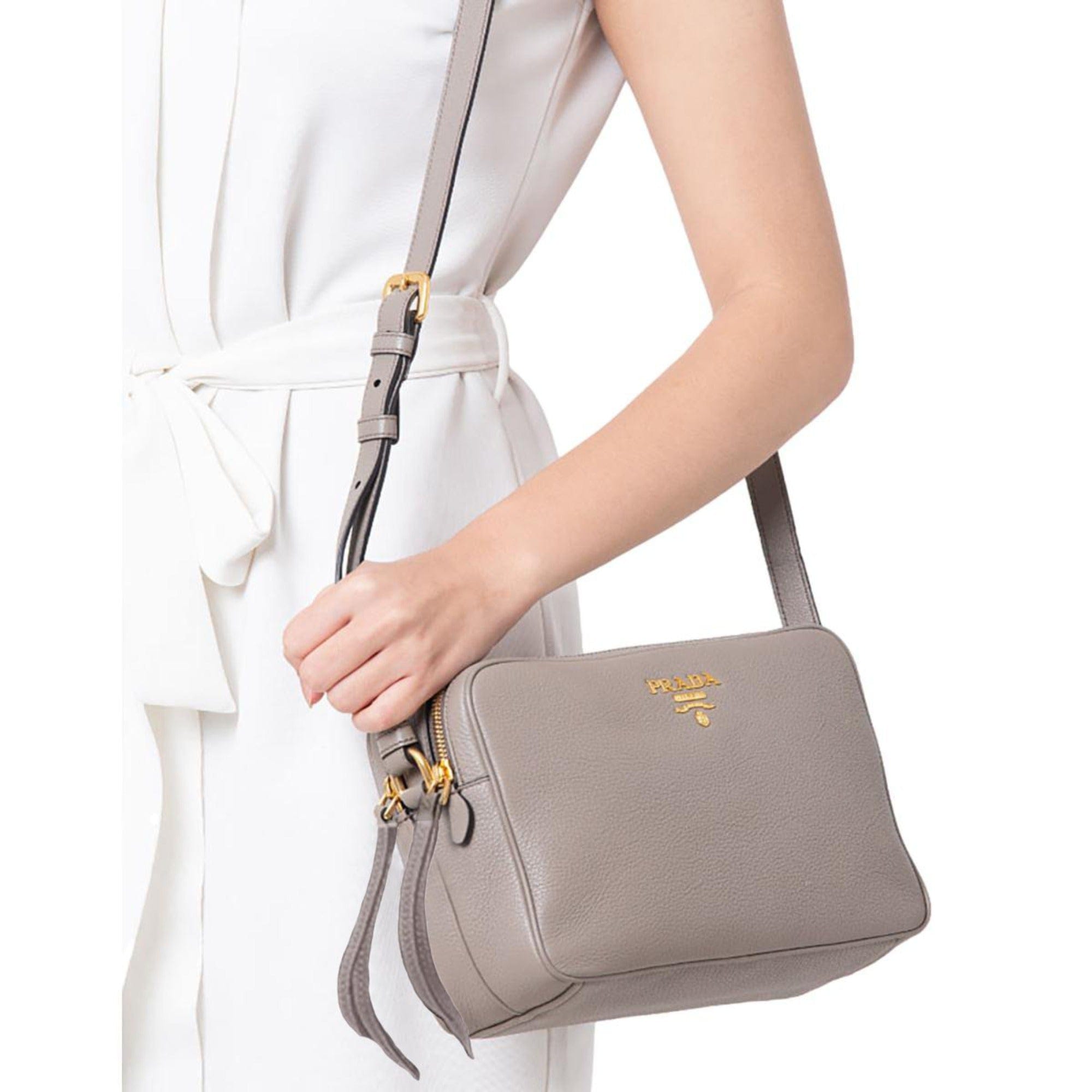 Prada Argilla Grey Vitello Phenix Leather Double Zip Cross Body Bag available at Queen Bee of Beverly Hills