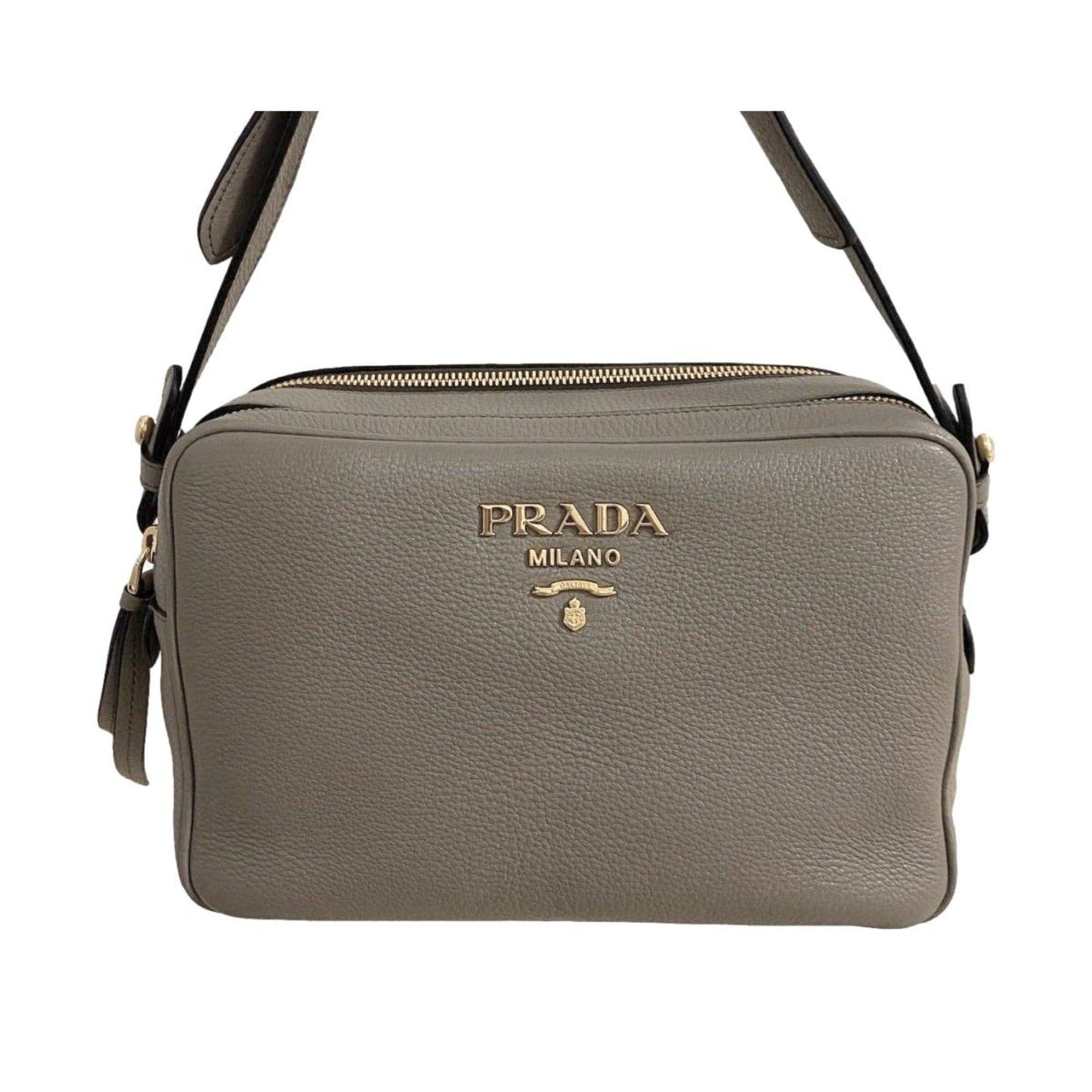 Prada Argilla Grey Vitello Phenix Leather Double Zip Cross Body Bag available at Queen Bee of Beverly Hills