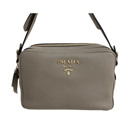 Prada Argilla Grey Vitello Phenix Leather Double Zip Cross Body Bag available at Queen Bee of Beverly Hills