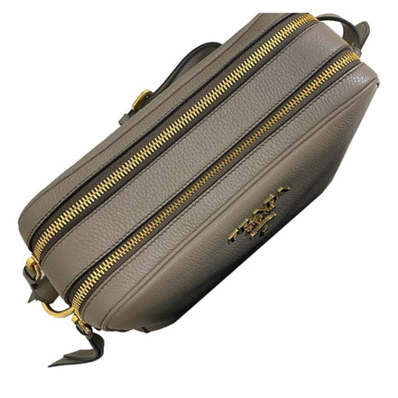 Prada Argilla Grey Vitello Phenix Leather Double Zip Cross Body Bag available at Queen Bee of Beverly Hills