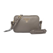 Prada Argilla Grey Vitello Phenix Leather Double Zip Cross Body Bag available at Queen Bee of Beverly Hills