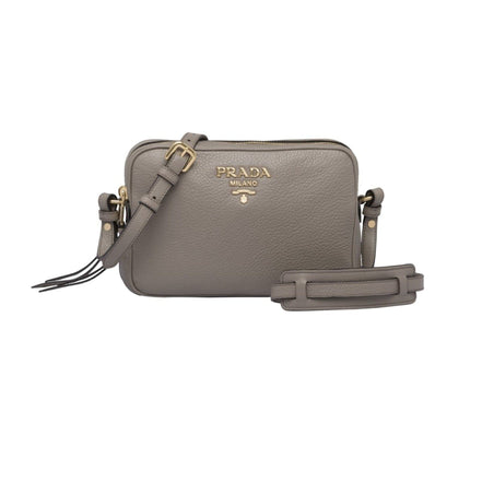 Prada Argilla Grey Vitello Phenix Leather Double Zip Cross Body Bag available at Queen Bee of Beverly Hills