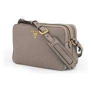 Prada Argilla Grey Vitello Phenix Leather Double Zip Cross Body Bag available at Queen Bee of Beverly Hills