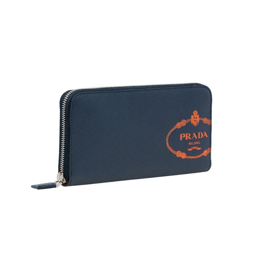 Prada Baltico Blue Saffiano Leather Orange Logo Zip Around Wallet 2ML3 –  Queen Bee of Beverly Hills