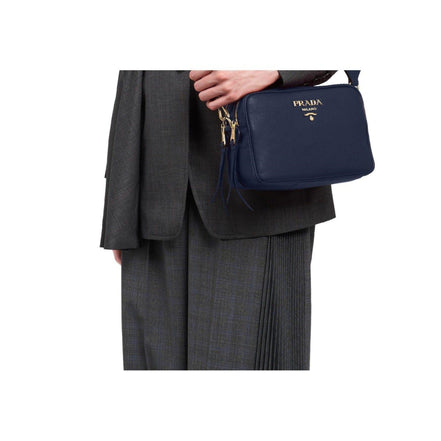 Prada Baltico Blue Vitello Phenix Leather Double Zip Crossbody Bag available at Queen Bee of Beverly Hills