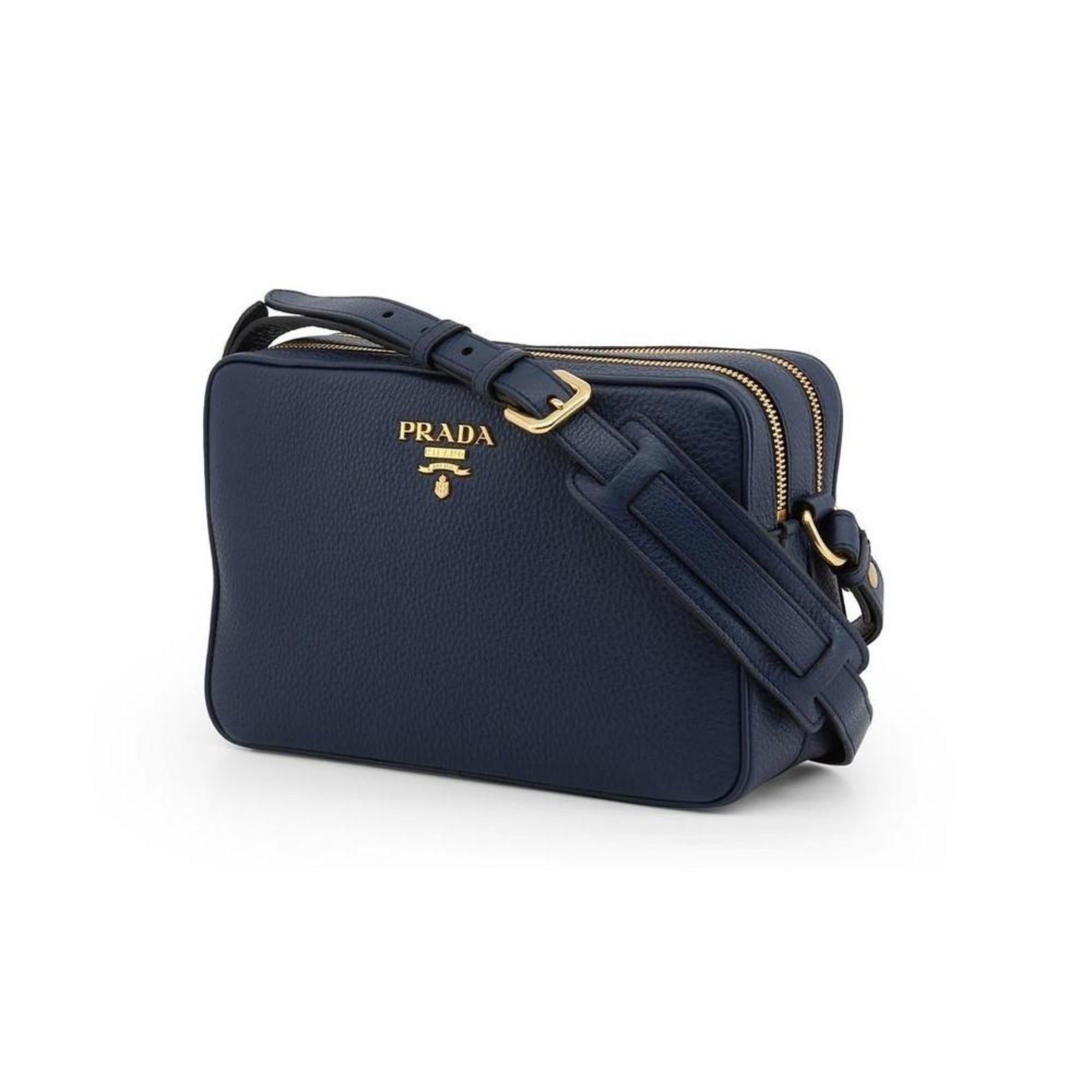 Prada Baltico Blue Vitello Phenix Leather Double Zip Crossbody Bag available at Queen Bee of Beverly Hills