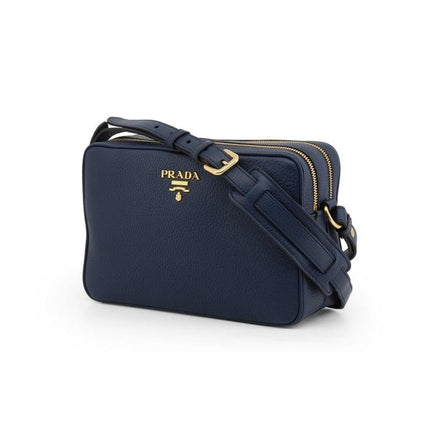 Prada Baltico Blue Vitello Phenix Leather Double Zip Crossbody Bag available at Queen Bee of Beverly Hills