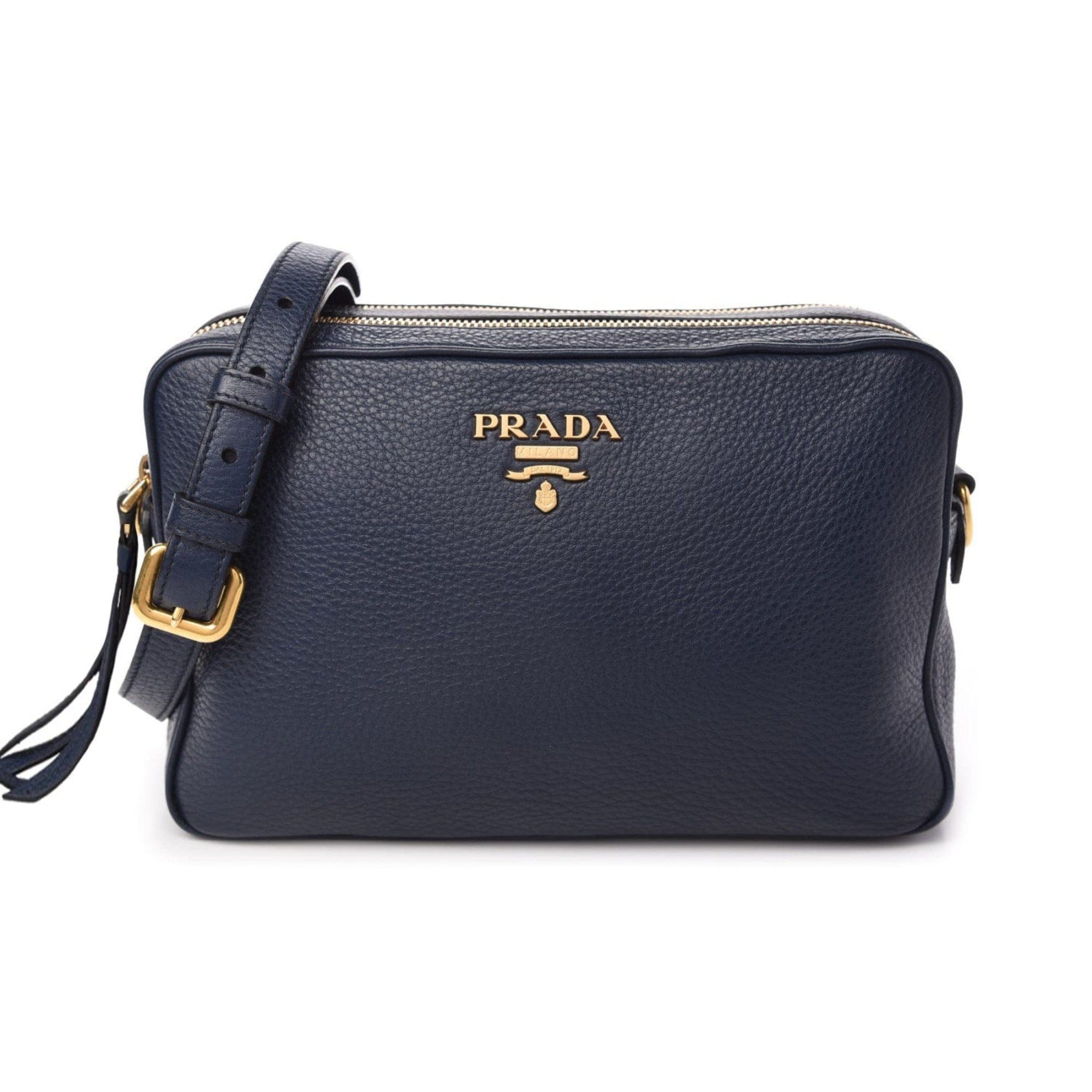 Prada Baltico Blue Vitello Phenix Leather Double Zip Crossbody Bag available at Queen Bee of Beverly Hills