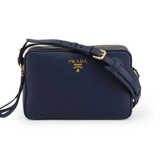 Prada Baltico Blue Vitello Phenix Leather Double Zip Crossbody Bag available at Queen Bee of Beverly Hills