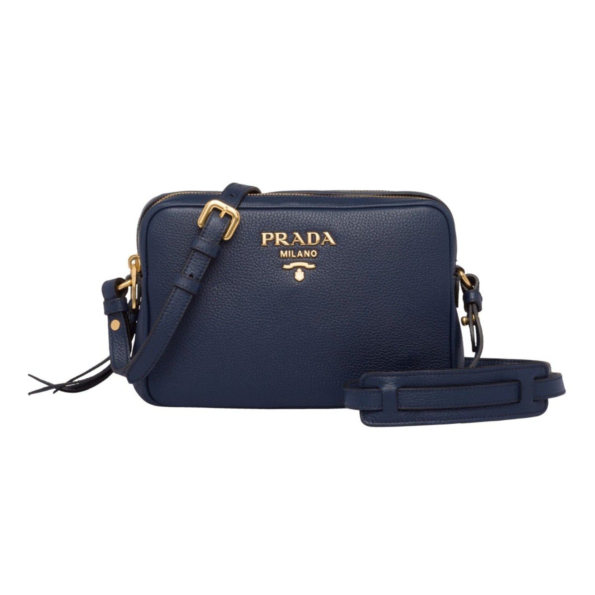 Prada Baltico Blue Vitello Phenix Leather Double Zip Crossbody Bag available at Queen Bee of Beverly Hills