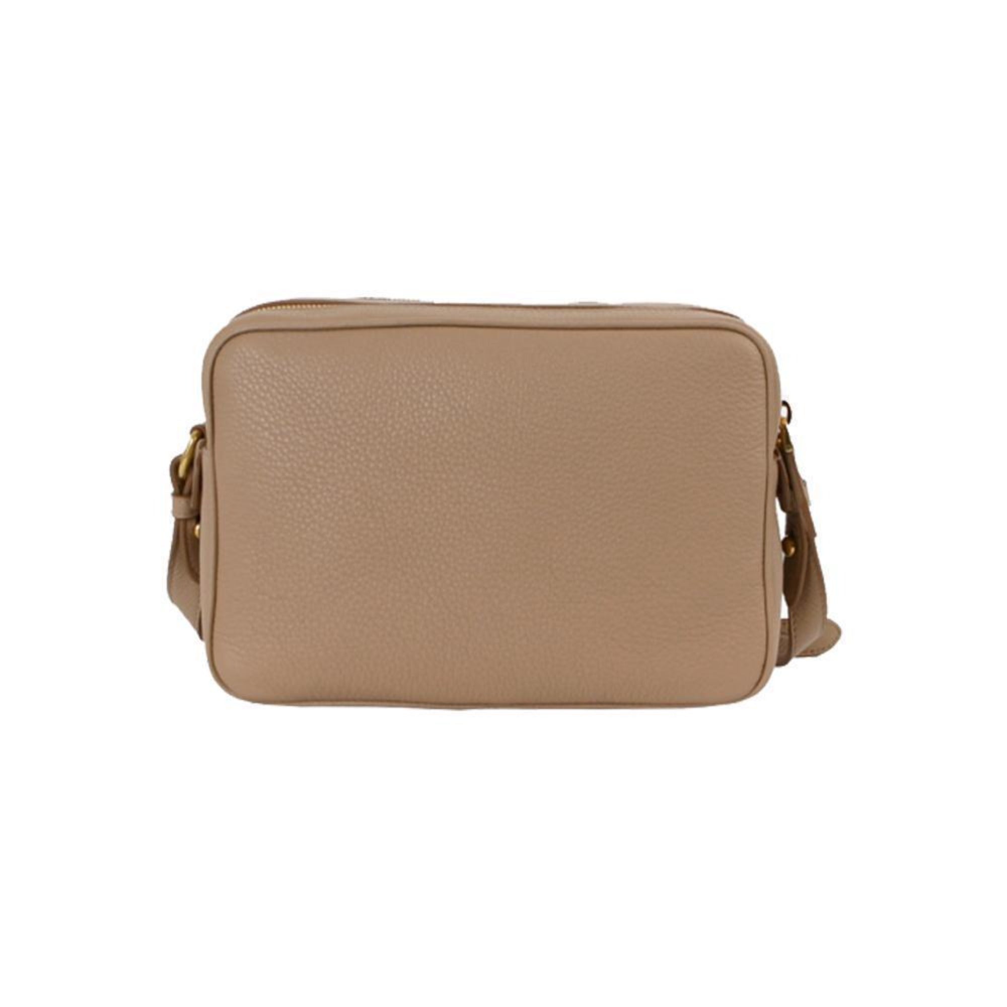 Prada Beige Vitello Phenix Leather Double Zip Crossbody Bag available at Queen Bee of Beverly Hills