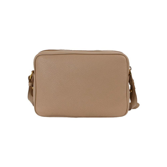 Prada Beige Vitello Phenix Leather Double Zip Crossbody Bag available at Queen Bee of Beverly Hills