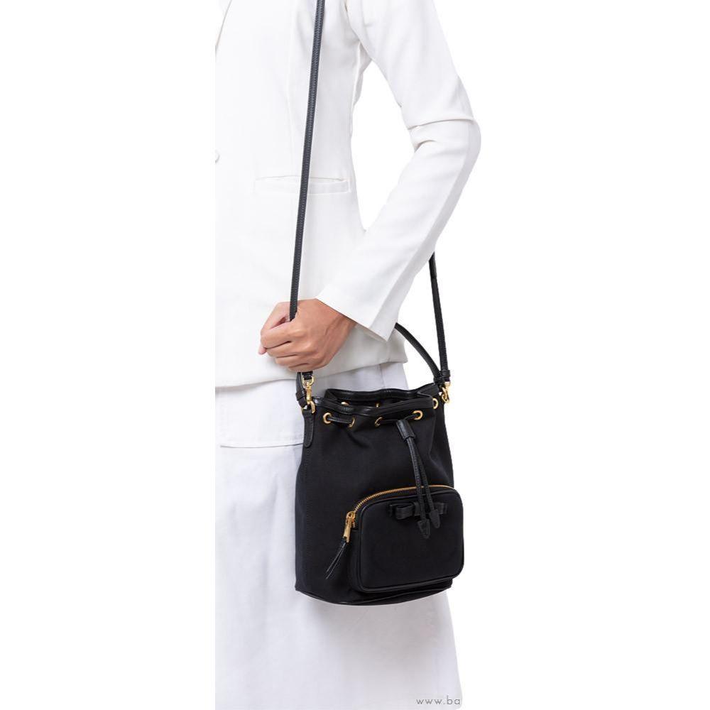 Prada Black Canvas Jacquard Logo Convertible Small Bucket Bag 1BH038 –  Queen Bee of Beverly Hills