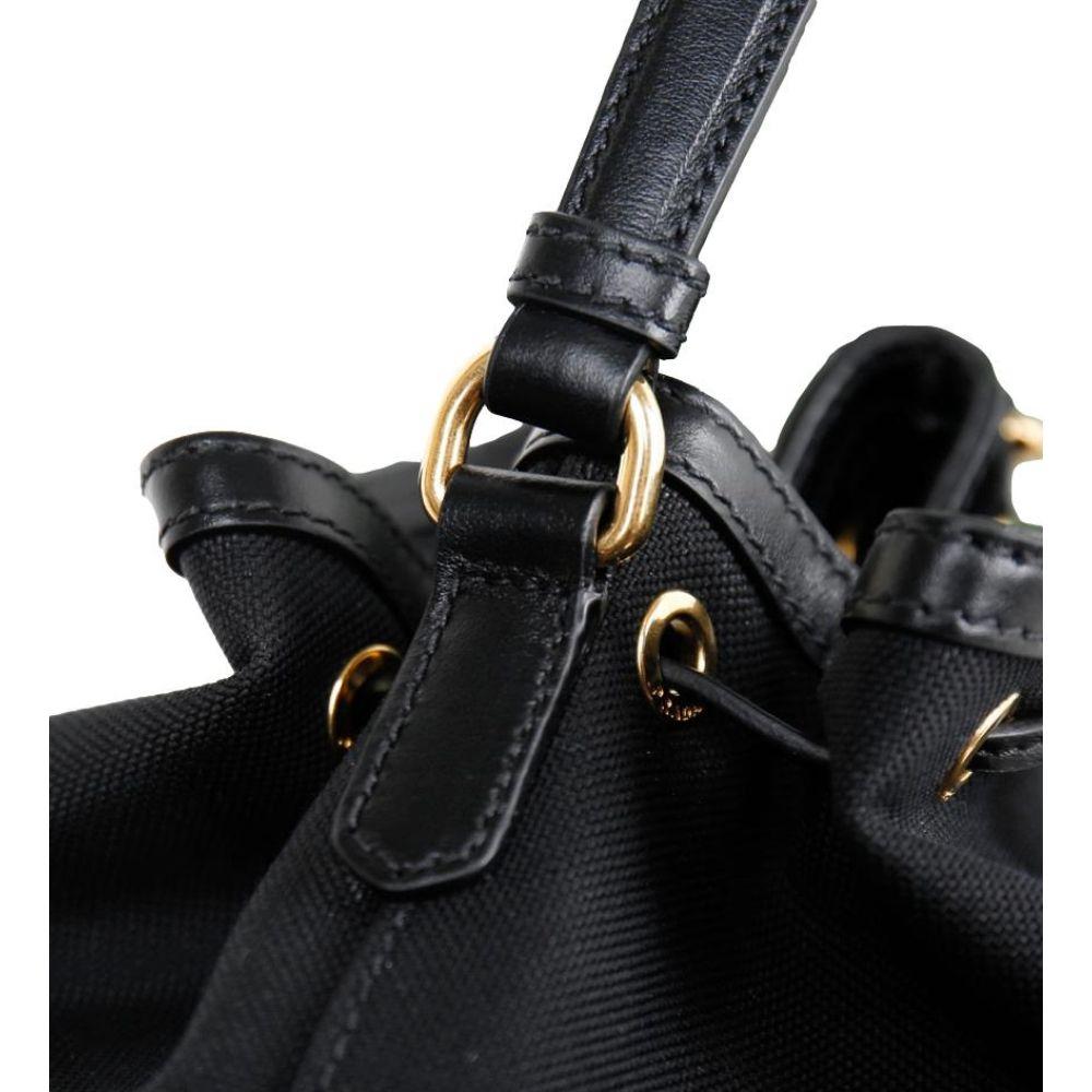Prada Black Canvas Jacquard Logo Bow Convertible Medium Bucket Bag 1BH097 at_Queen_Bee_of_Beverly_Hills