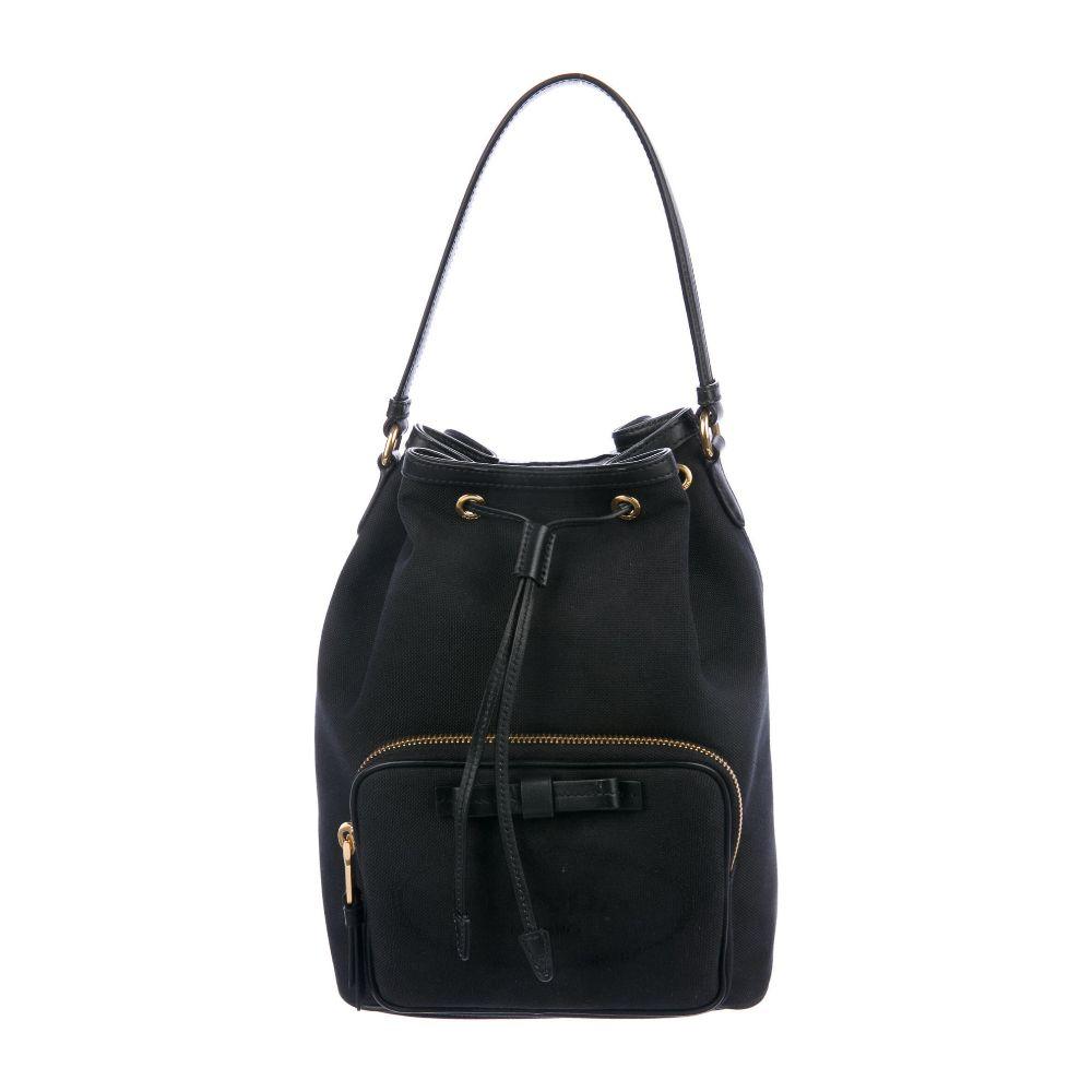 Prada Black Canvas Jacquard Logo Bow Convertible Medium Bucket Bag 1BH097 at_Queen_Bee_of_Beverly_Hills