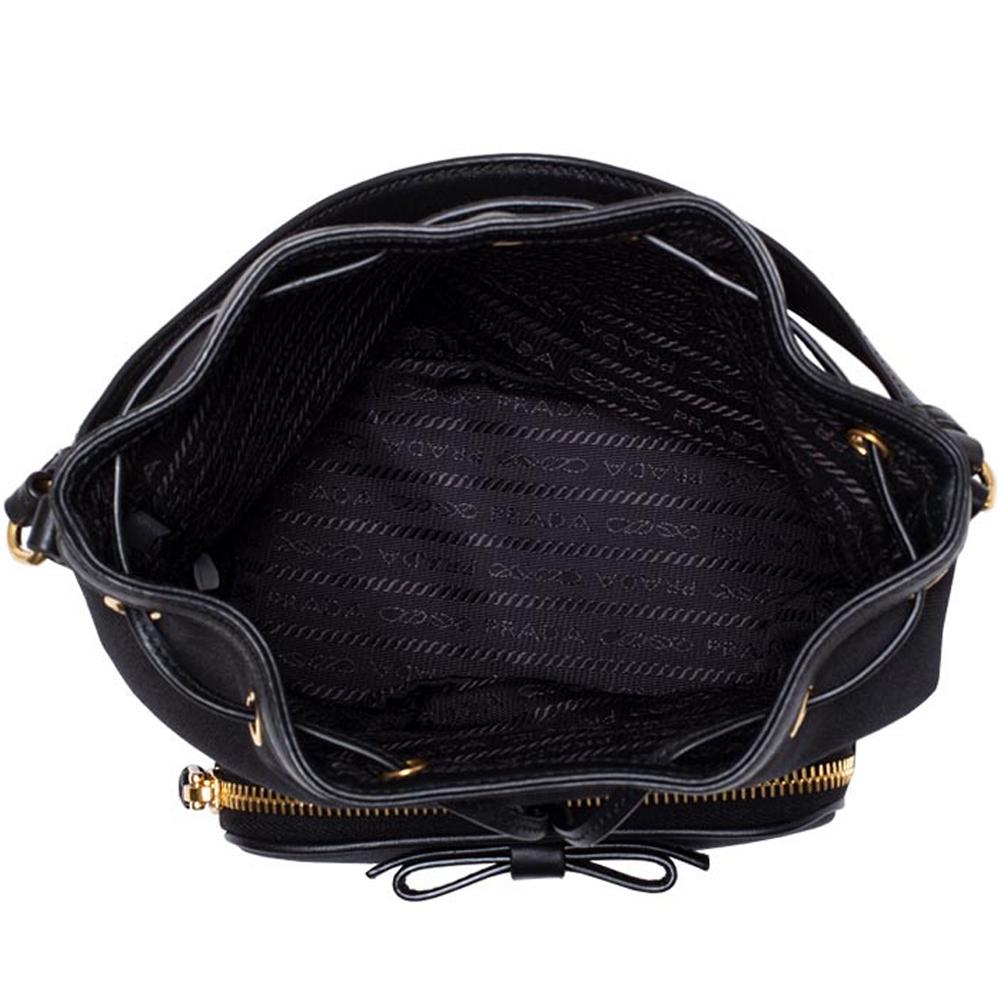 Prada Black Canvas Jacquard Logo Convertible Medium Bucket Bag 1BH097 at_Queen_Bee_of_Beverly_Hills