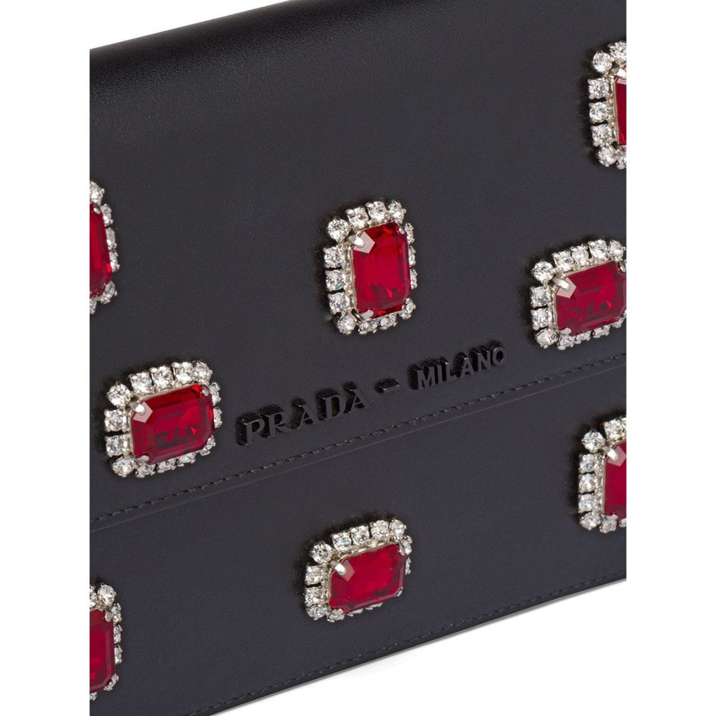 Prada Black City Calfskin Leather Red Jewels Chain Shoulder Bag 1DH101 at_Queen_Bee_of_Beverly_Hills