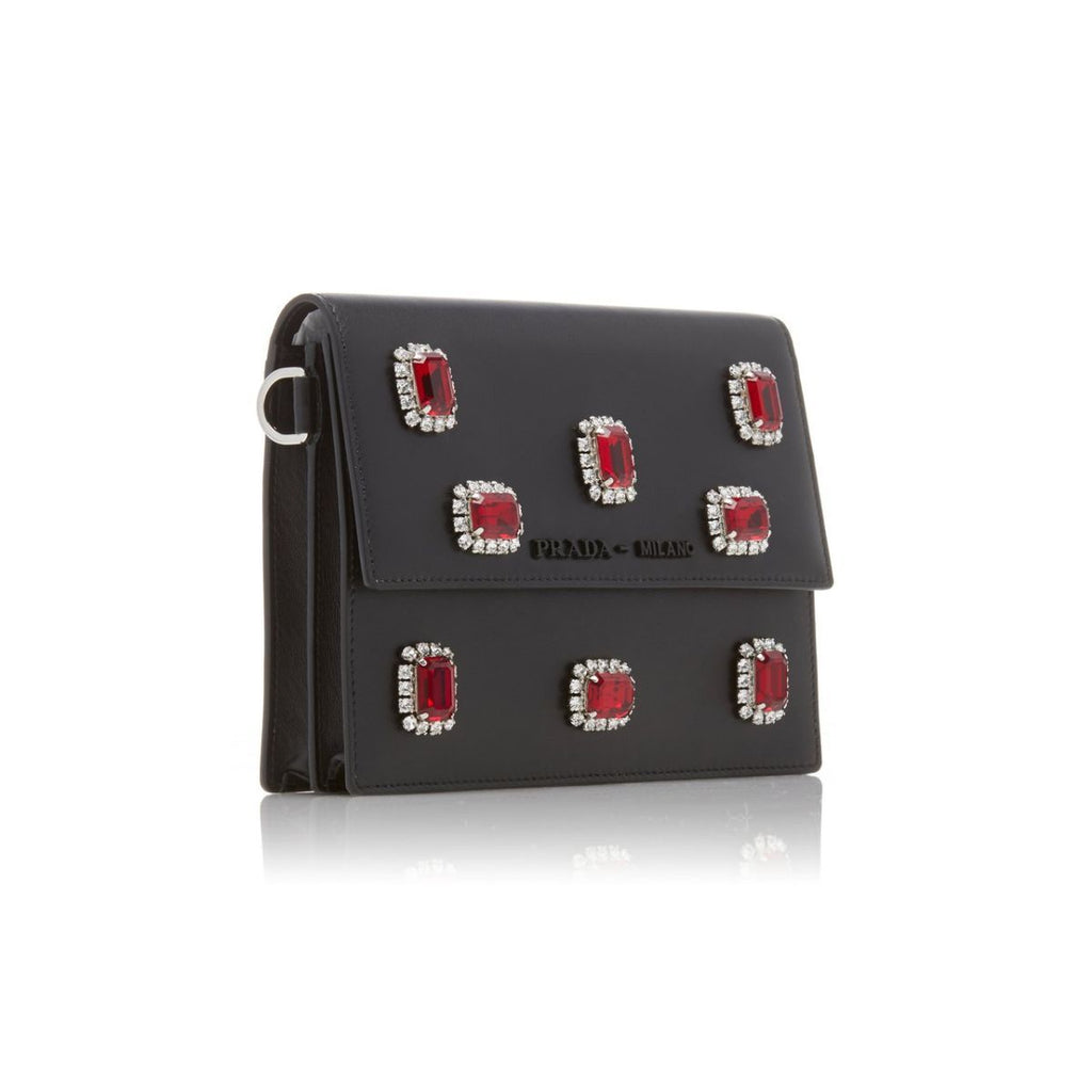 Prada Black City Calfskin Leather Red Jewels Chain Shoulder Bag 1DH101 at_Queen_Bee_of_Beverly_Hills