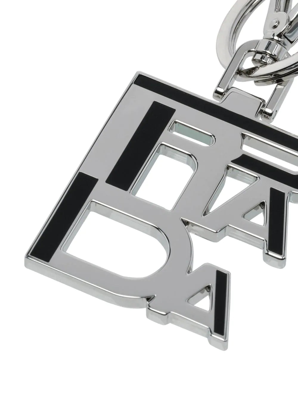 Prada Black Enamel Logo Silver Metallic Keychain Charm 2PS034 at_Queen_Bee_of_Beverly_Hills