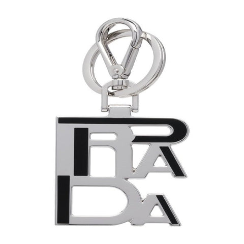 Prada Black Enamel Logo Silver Metallic Keychain Charm 2PS034 at_Queen_Bee_of_Beverly_Hills