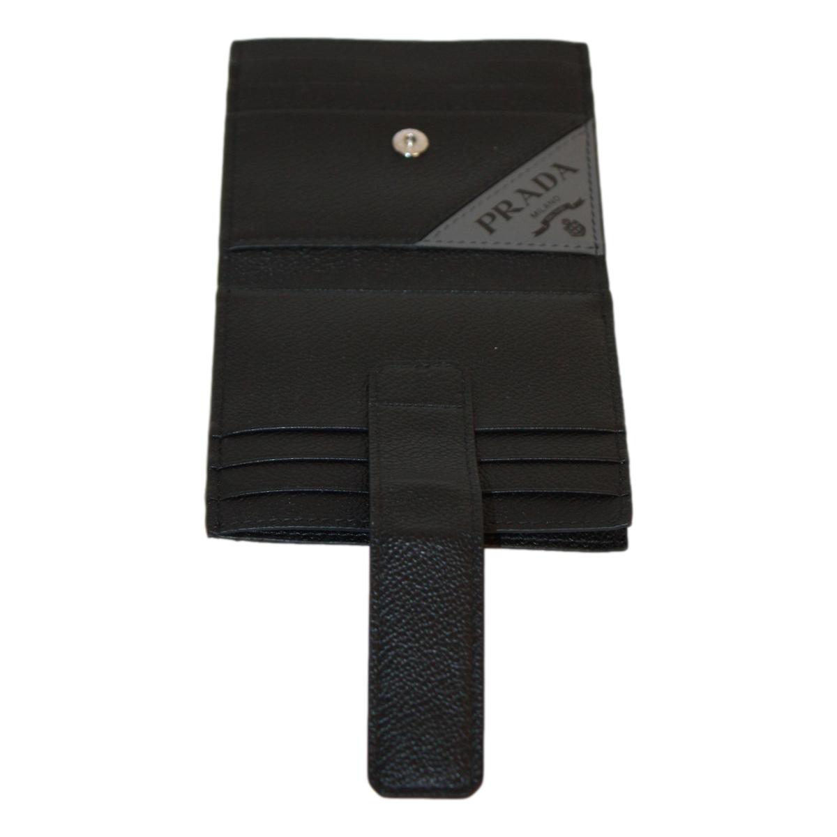 Prada Black Grey Vitello Grain Leather Card Case Bifold Wallet 2MC049 at_Queen_Bee_of_Beverly_Hills