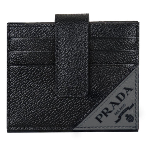 Prada Black Grey Vitello Grain Leather Card Case Bifold Wallet 2MC049 at_Queen_Bee_of_Beverly_Hills