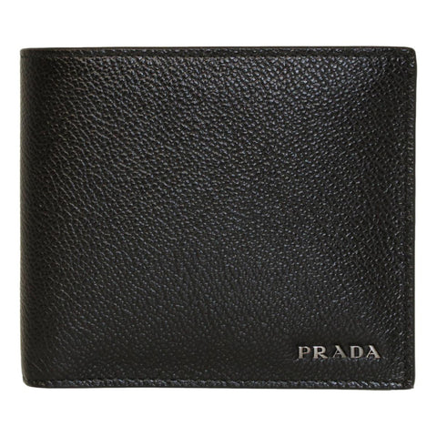 Prada Black Navy Vitello Micro Grain Leather Bifold Wallet 2MO738 at_Queen_Bee_of_Beverly_Hills