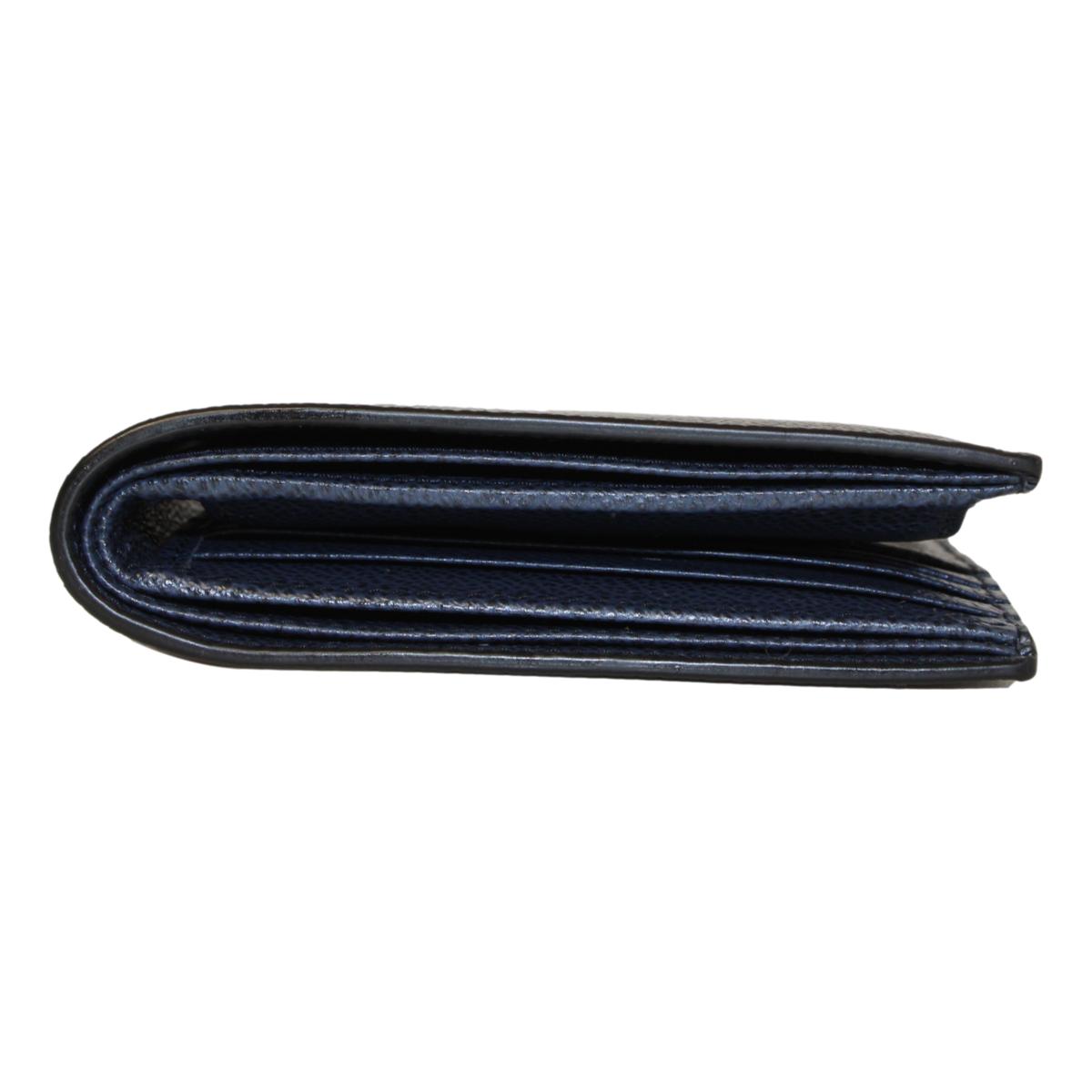 Prada Black Navy Vitello Micro Grain Leather Bifold Wallet available at Queen Bee of Beverly Hills