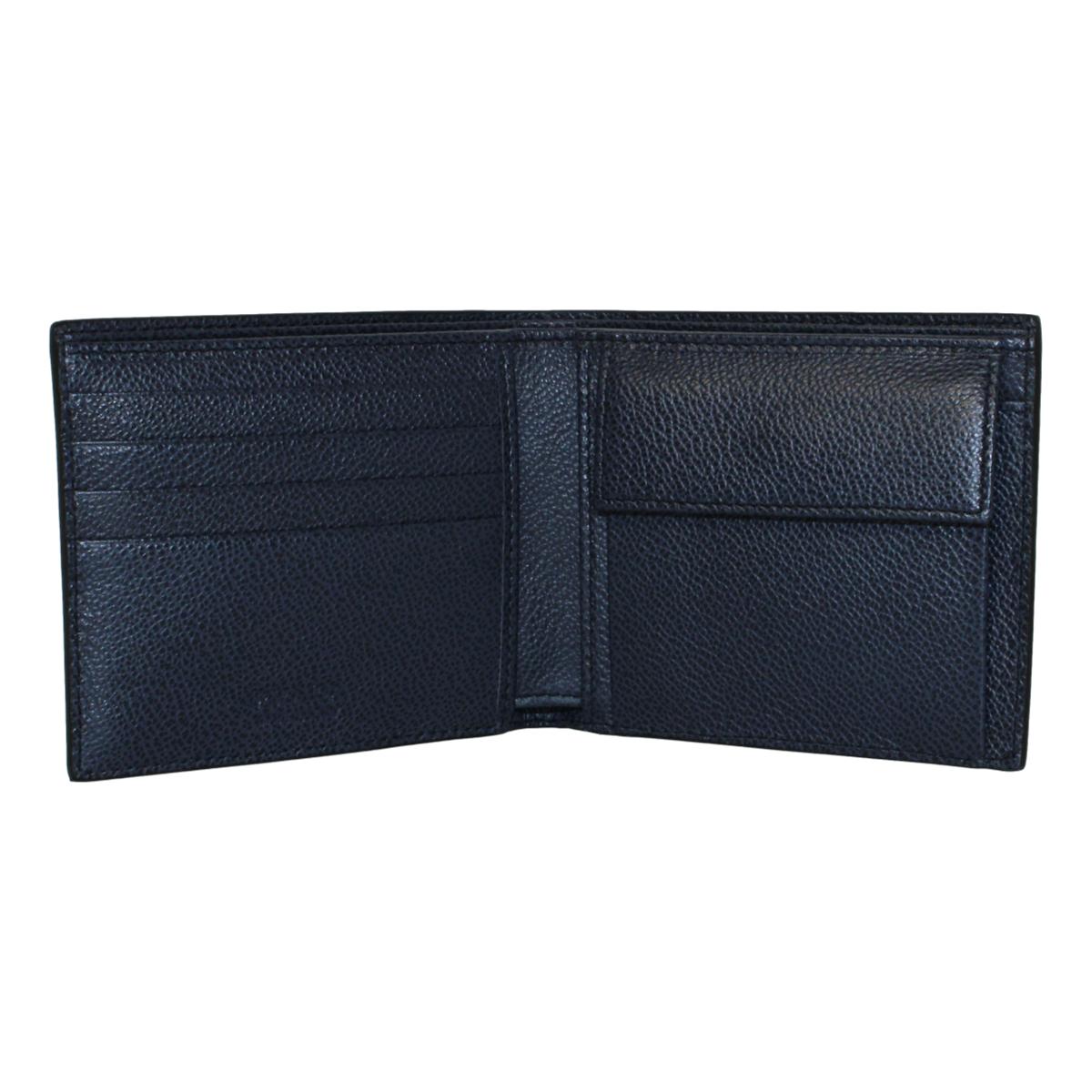 Prada Black Navy Vitello Micro Grain Leather Bifold Wallet available at Queen Bee of Beverly Hills