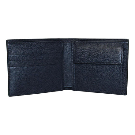 Prada Black Navy Vitello Micro Grain Leather Bifold Wallet available at Queen Bee of Beverly Hills