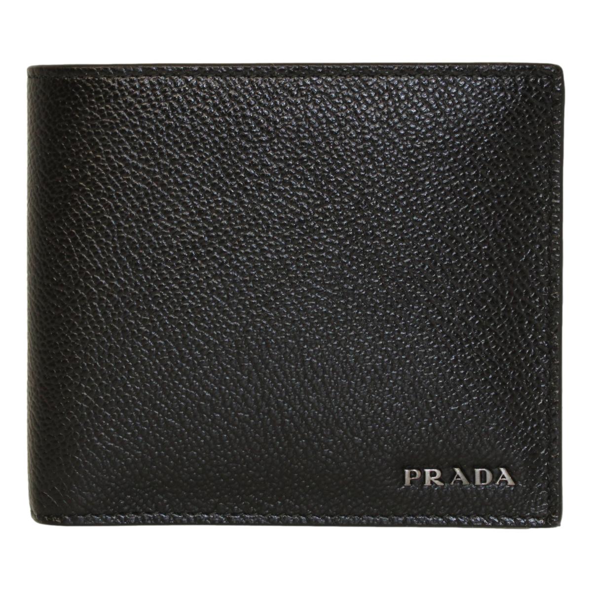 Prada Black Navy Vitello Micro Grain Leather Bifold Wallet available at Queen Bee of Beverly Hills