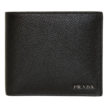 Prada Black Navy Vitello Micro Grain Leather Bifold Wallet available at Queen Bee of Beverly Hills