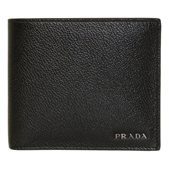 Prada Black Navy Vitello Micro Grain Leather Bifold Wallet available at Queen Bee of Beverly Hills