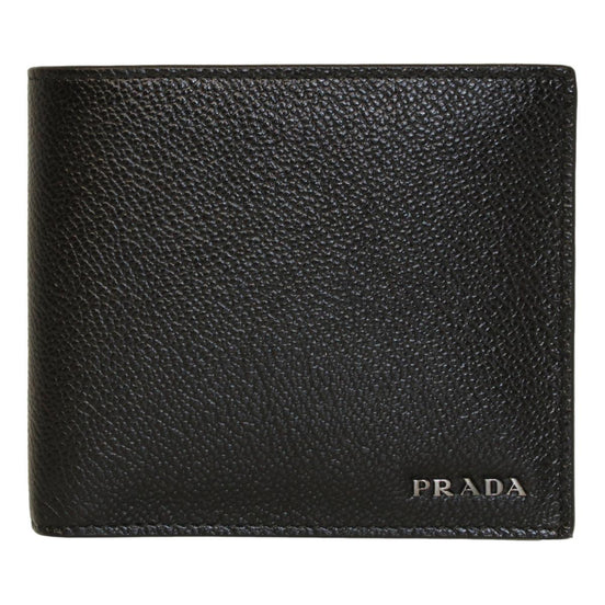 Prada Black Navy Vitello Micro Grain Leather Bifold Wallet available at Queen Bee of Beverly Hills