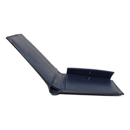 Prada Black Navy Vitello Micro Grain Leather Bifold Wallet available at Queen Bee of Beverly Hills