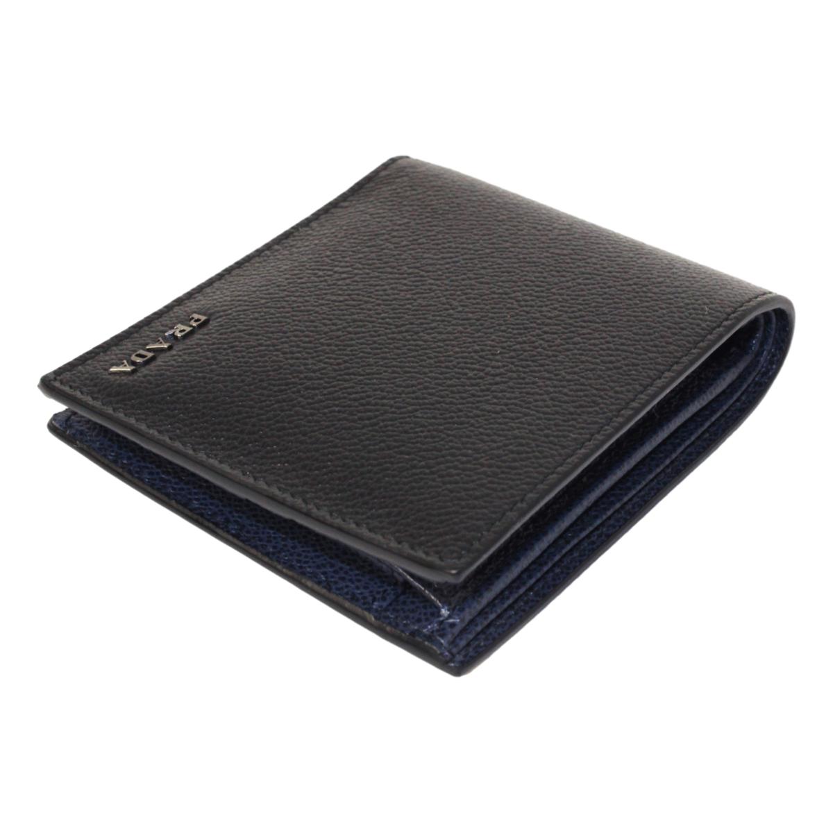 Prada Black Navy Vitello Micro Grain Leather Bifold Wallet available at Queen Bee of Beverly Hills