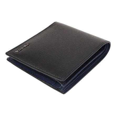 Prada Black Navy Vitello Micro Grain Leather Bifold Wallet available at Queen Bee of Beverly Hills