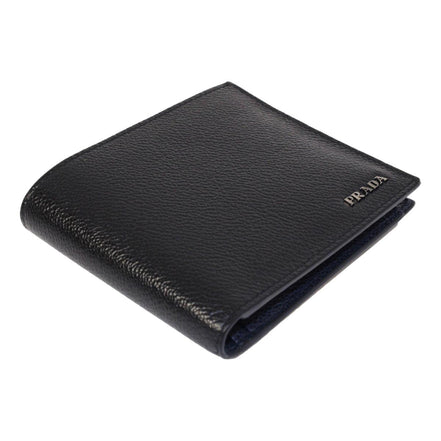 Prada Black Navy Vitello Micro Grain Leather Bifold Wallet available at Queen Bee of Beverly Hills