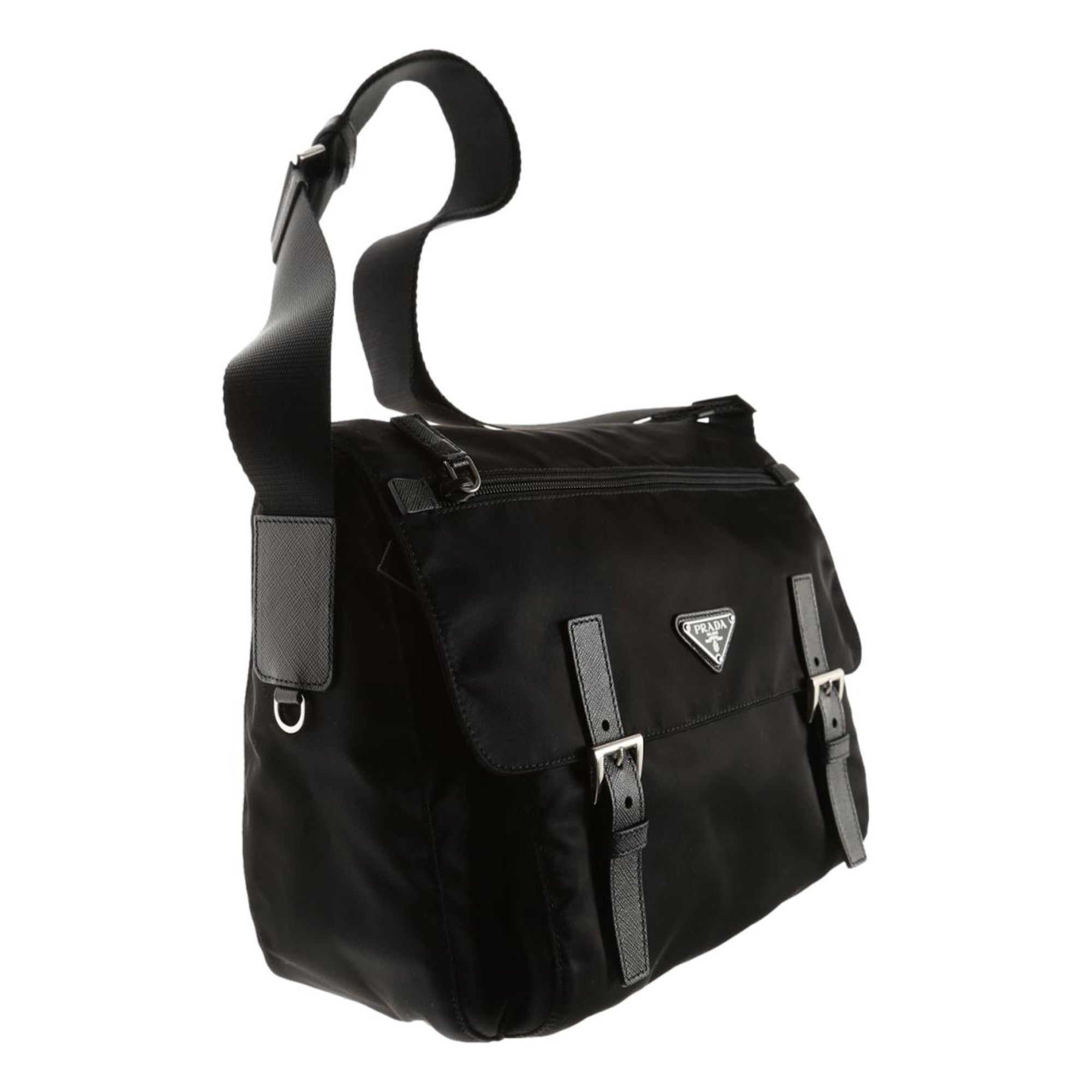 Prada Black Nylon Triangle Logo Messenger Bag available at Queen Bee of Beverly Hills