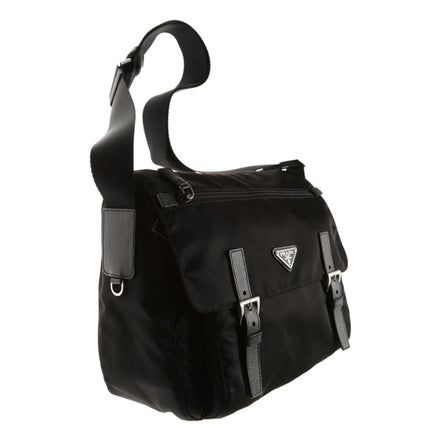 Prada Black Nylon Triangle Logo Messenger Bag available at Queen Bee of Beverly Hills